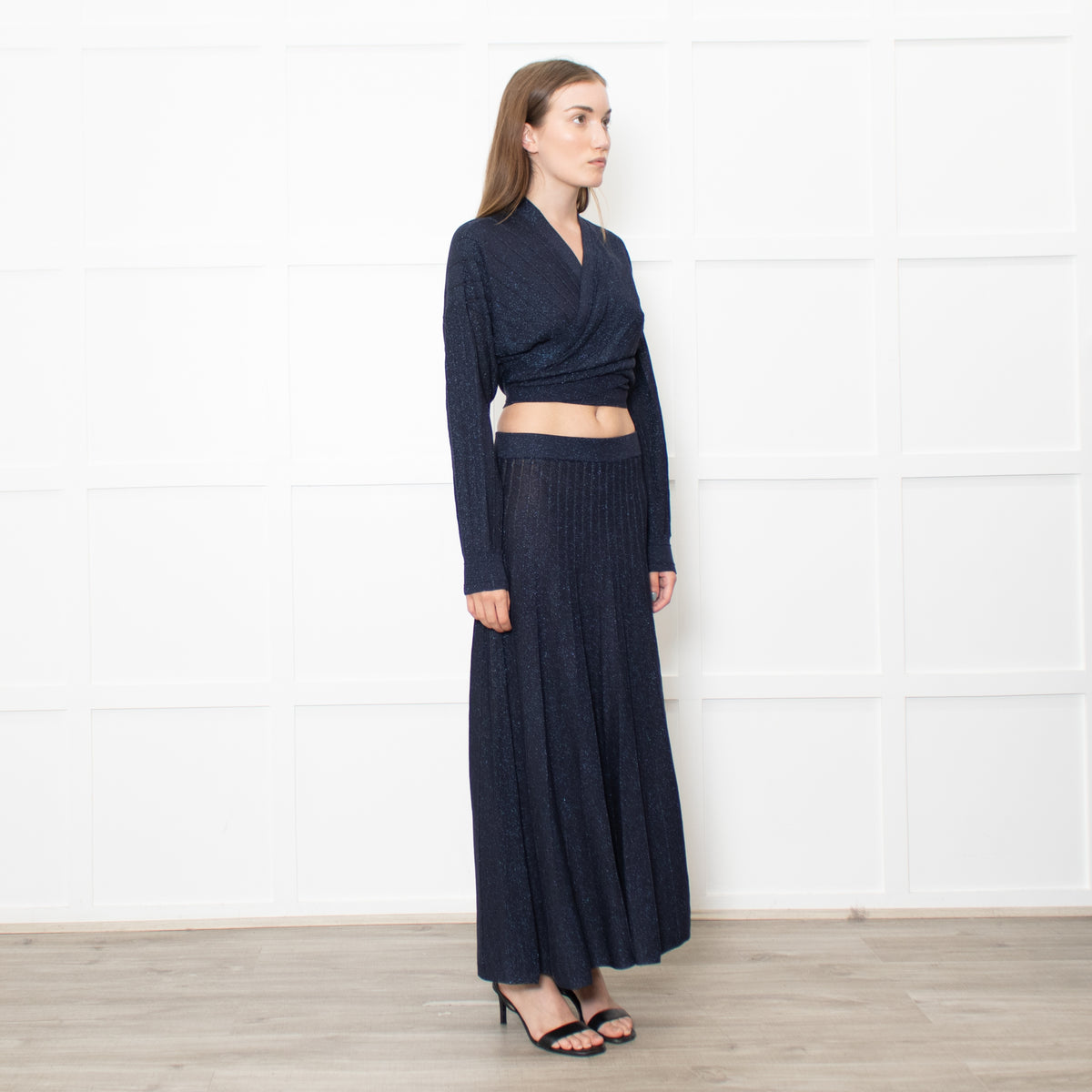 BA&SH Navy Metallic Fine Knit Pleated Brycey Skirt