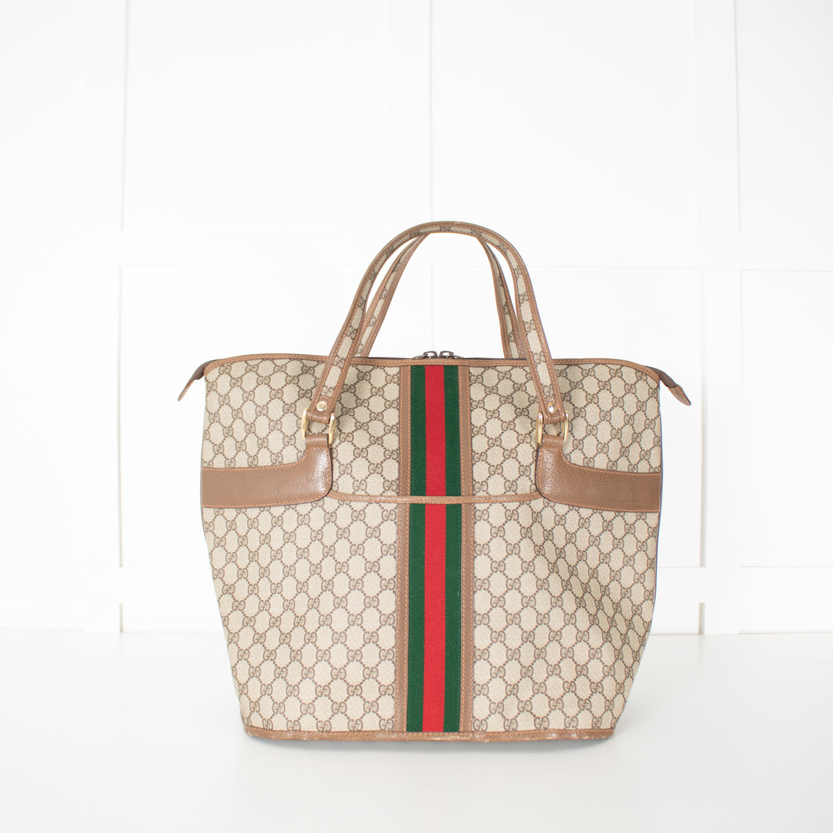 Gucci Beige Monogram Canvas Vintage Large Boston Travel Bag
