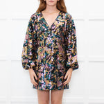 Sezane Gold Teal Pink Sequinned Puff Sleeve Mini Dress