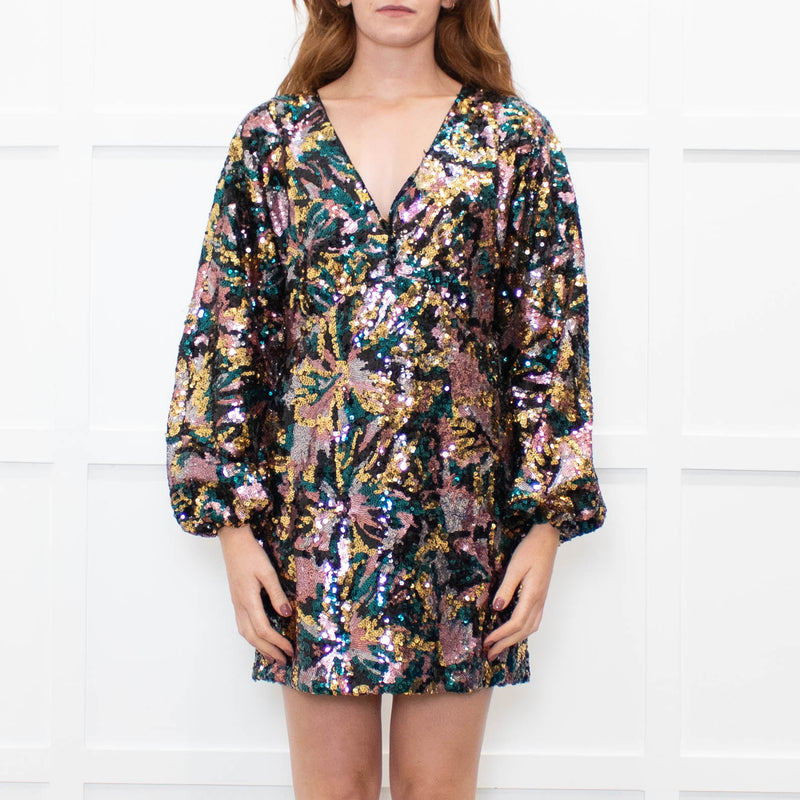 Sezane Gold Teal Pink Sequinned Puff Sleeve Mini Dress