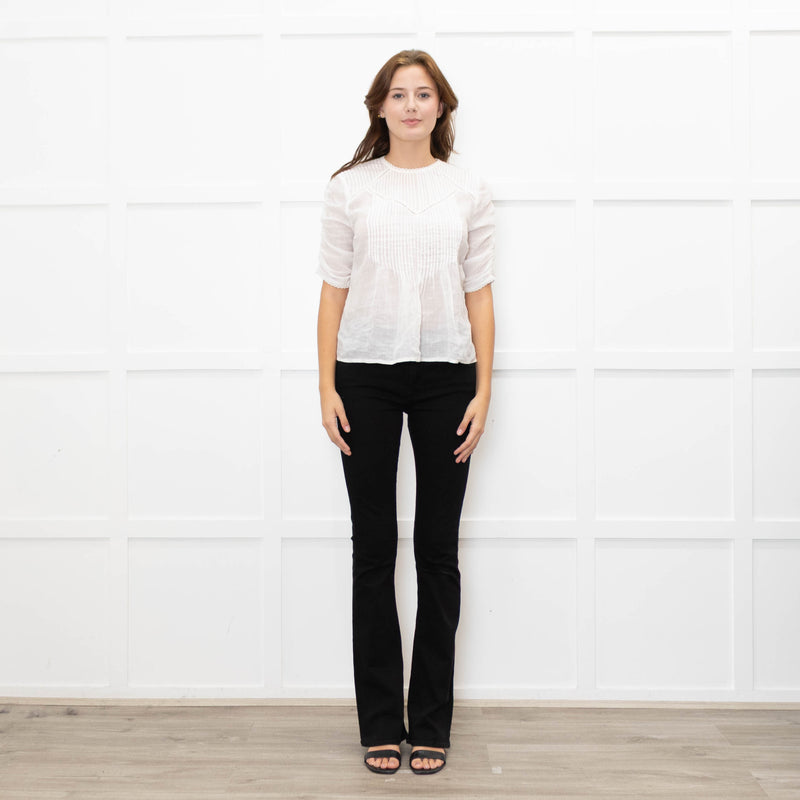 Veronica Beard White Cotton Pintuck Blouse with Gathered Sleeves