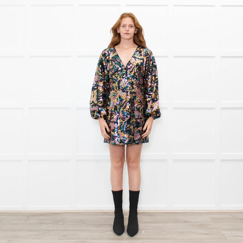 Sezane Gold Teal Pink Sequinned Puff Sleeve Mini Dress