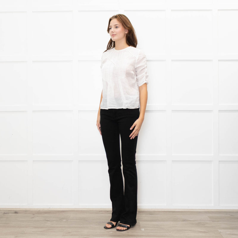 Veronica Beard White Cotton Pintuck Blouse with Gathered Sleeves