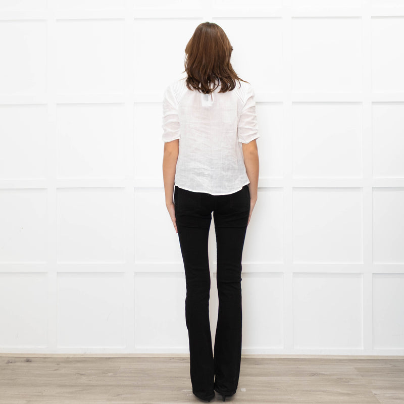 Veronica Beard White Cotton Pintuck Blouse with Gathered Sleeves