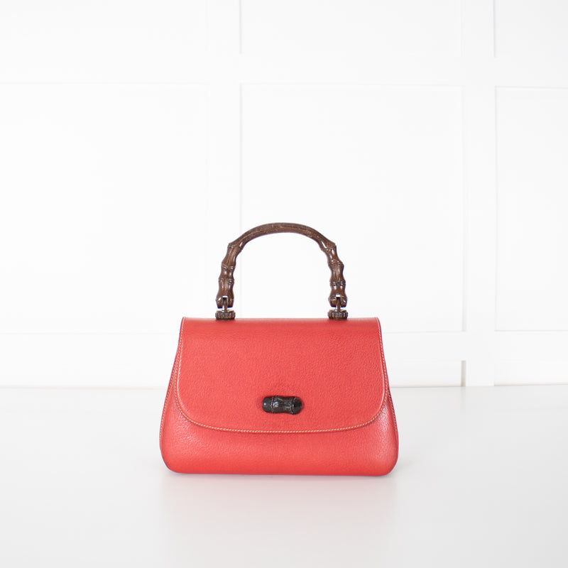 Gucci Red Bamboo Handle Vintage Handbag