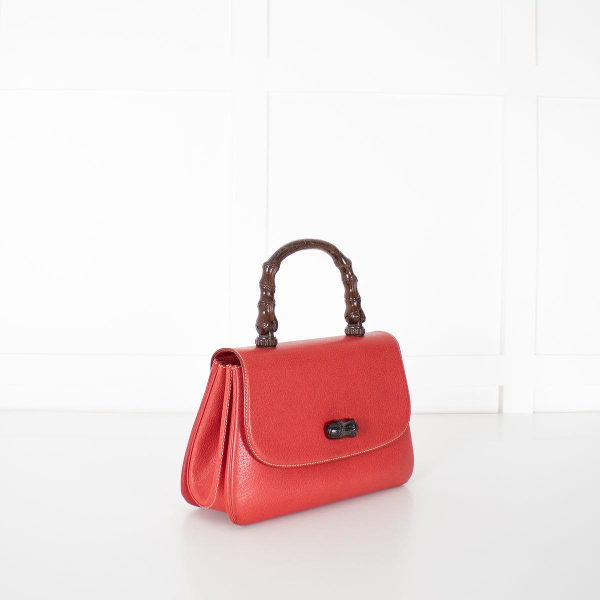 Gucci Red Bamboo Handle Vintage Handbag