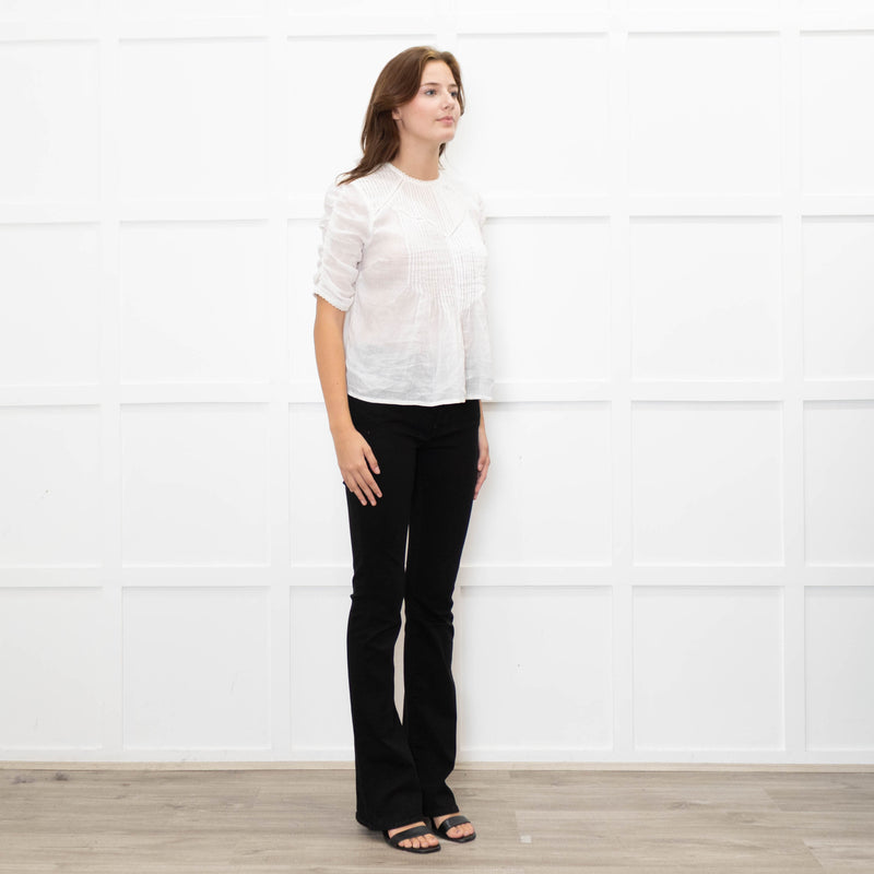 Veronica Beard White Cotton Pintuck Blouse with Gathered Sleeves