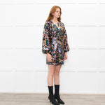 Sezane Gold Teal Pink Sequinned Puff Sleeve Mini Dress