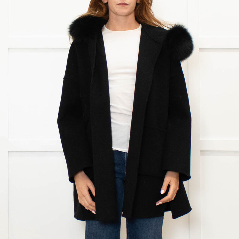 Twenty Fall Black Alpaca Coat with Fox Fur Trimmed Hood