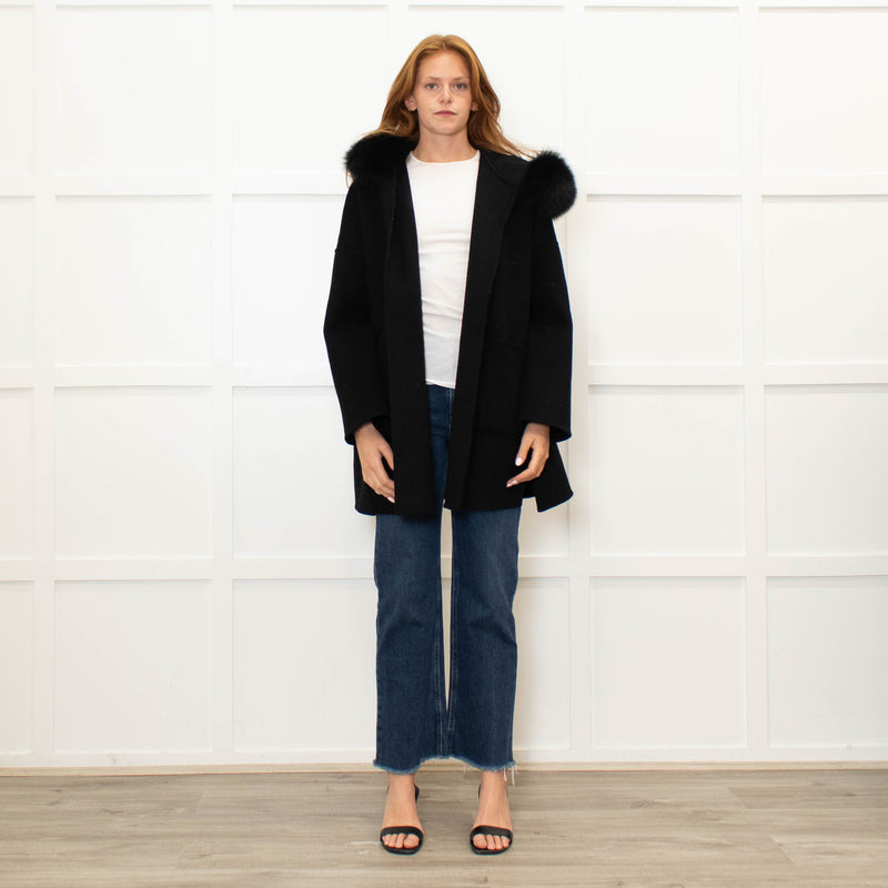 Twenty Fall Black Alpaca Coat with Fox Fur Trimmed Hood