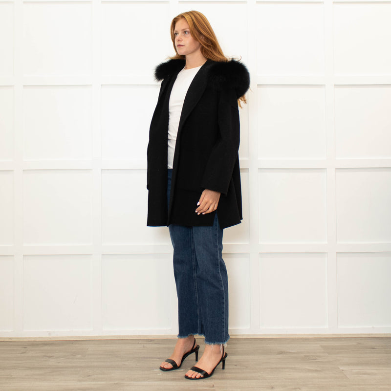 Twenty Fall Black Alpaca Coat with Fox Fur Trimmed Hood