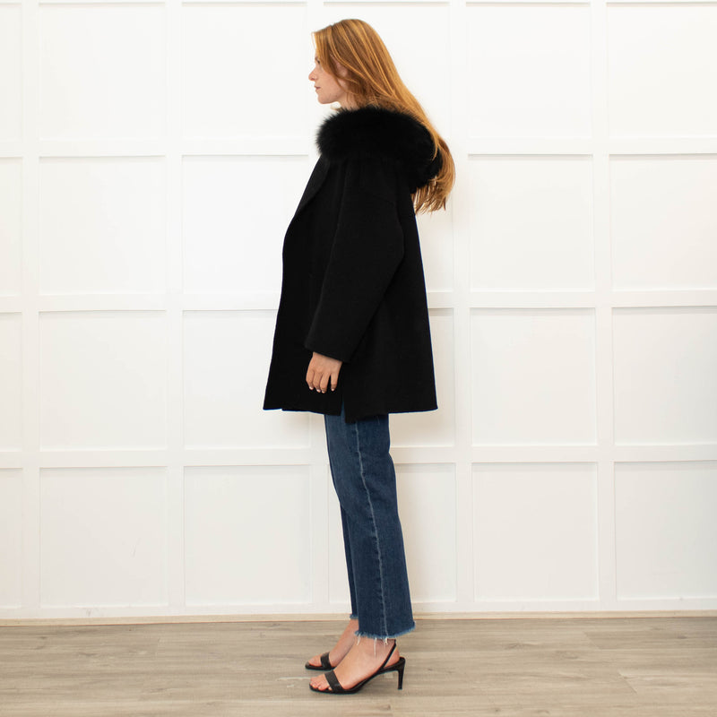 Twenty Fall Black Alpaca Coat with Fox Fur Trimmed Hood