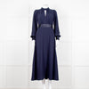 Me + Em Navy Blue Ladder Trim Crepe Long Sleeve Dress