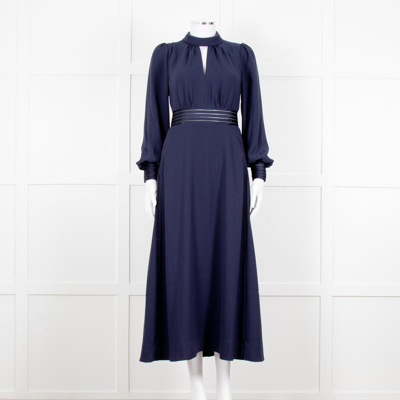 Me + Em Navy Blue Ladder Trim Crepe Long Sleeve Dress