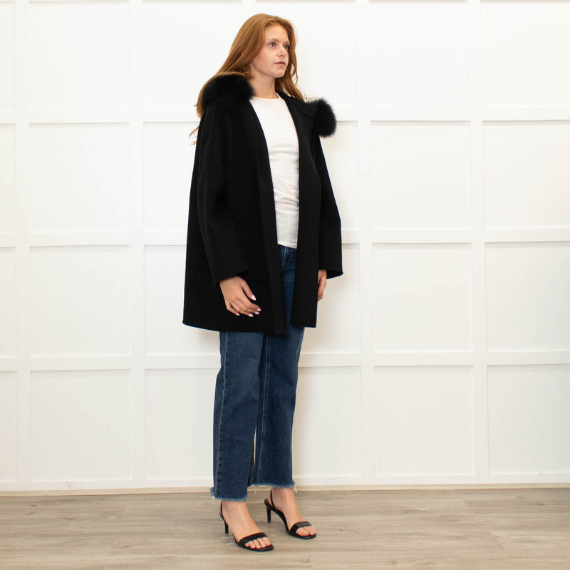 Twenty Fall Black Alpaca Coat with Fox Fur Trimmed Hood