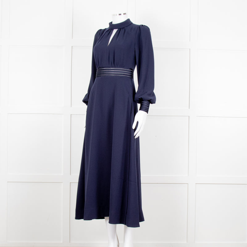 Me + Em Navy Blue Ladder Trim Crepe Long Sleeve Dress