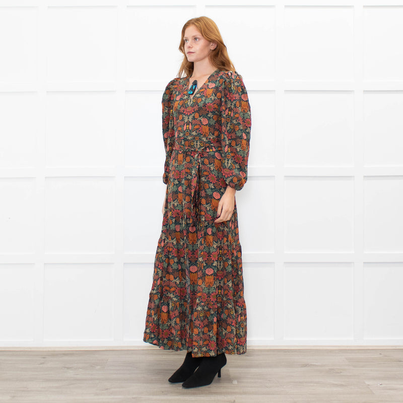 Ridley Dark Green Orange Pink Floral Belted Maxi Dress