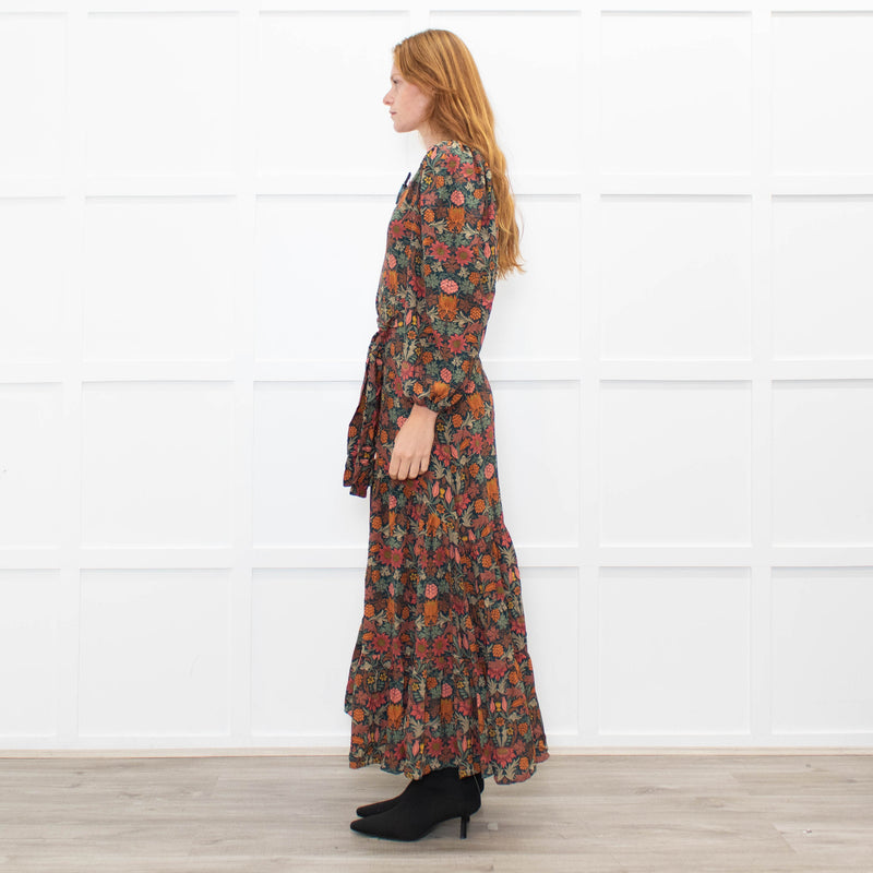 Ridley Dark Green Orange Pink Floral Belted Maxi Dress