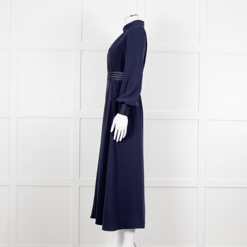 Me + Em Navy Blue Ladder Trim Crepe Long Sleeve Dress
