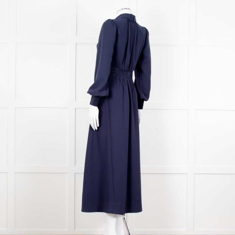 Me + Em Navy Blue Ladder Trim Crepe Long Sleeve Dress