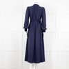 Me + Em Navy Blue Ladder Trim Crepe Long Sleeve Dress
