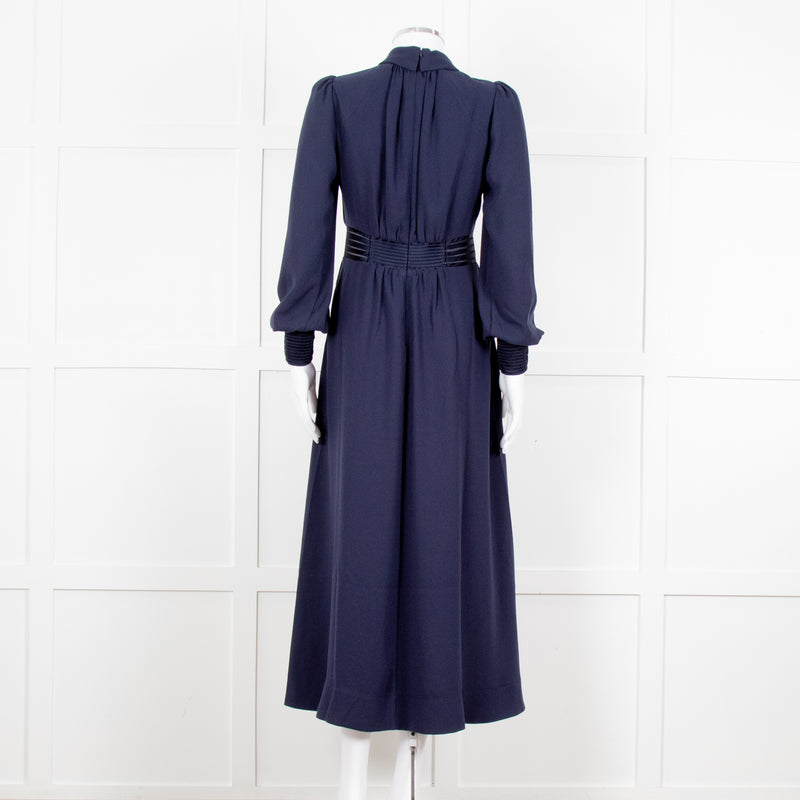 Me + Em Navy Blue Ladder Trim Crepe Long Sleeve Dress