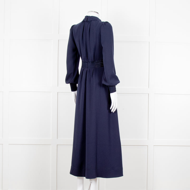 Me + Em Navy Blue Ladder Trim Crepe Long Sleeve Dress
