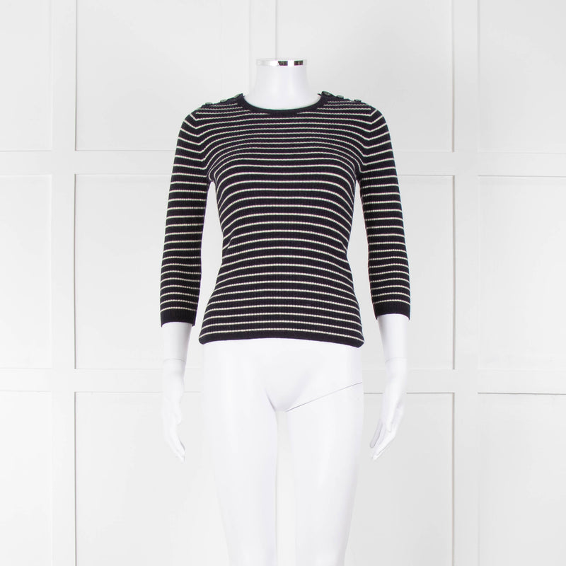Tory Burch Navy Cream Stripe Wool Button Shoulder Jumper