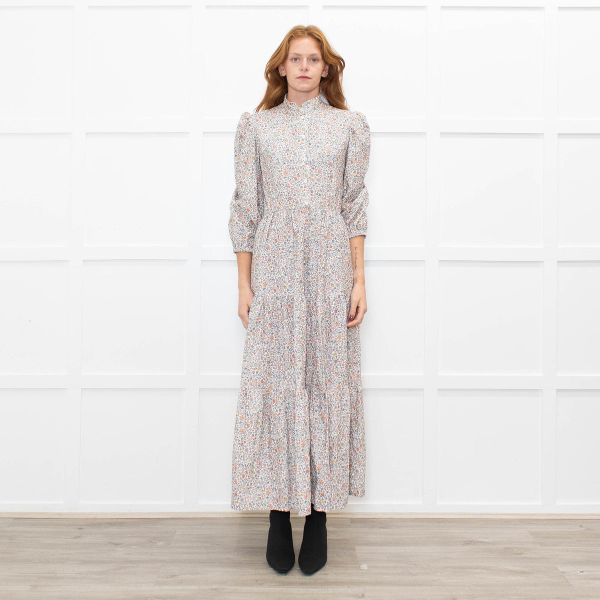 Ridley White Grey Orange Floral Corduroy Maxi Dress