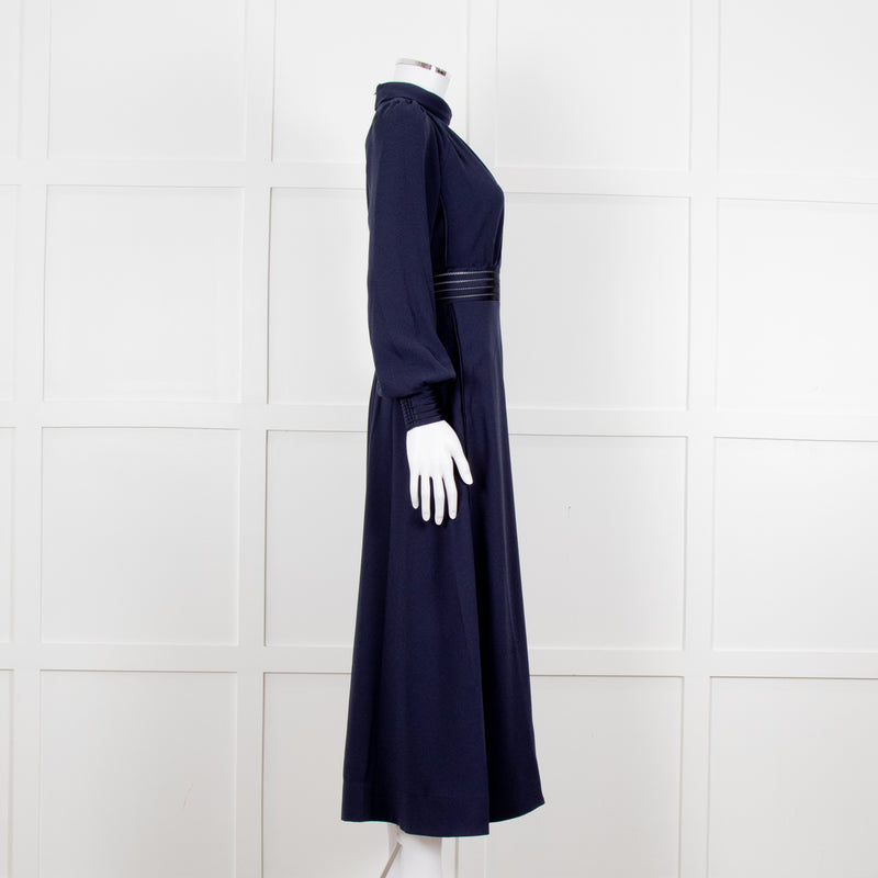 Me + Em Navy Blue Ladder Trim Crepe Long Sleeve Dress