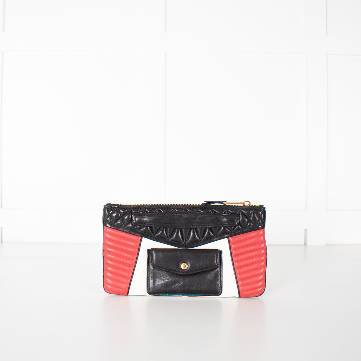 Miu Miu Black, Red and Cream Leather Biker Clutch