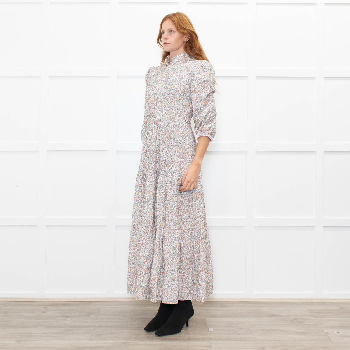 Ridley White Grey Orange Floral Corduroy Maxi Dress