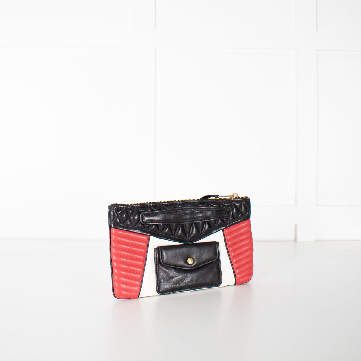 Miu Miu Black, Red and Cream Leather Biker Clutch