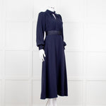 Me + Em Navy Blue Ladder Trim Crepe Long Sleeve Dress