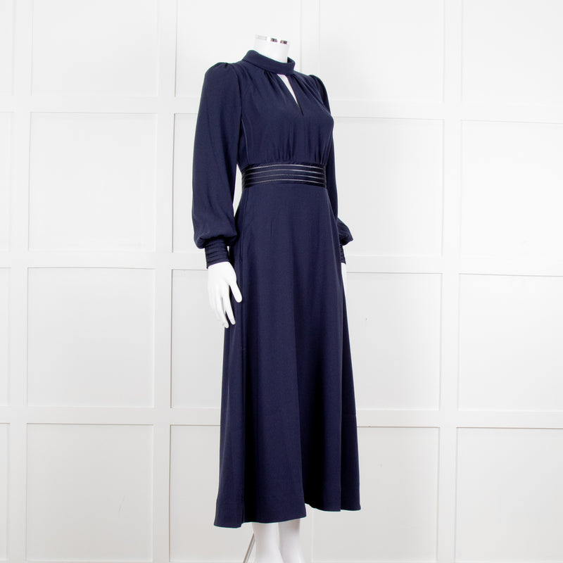 Me + Em Navy Blue Ladder Trim Crepe Long Sleeve Dress