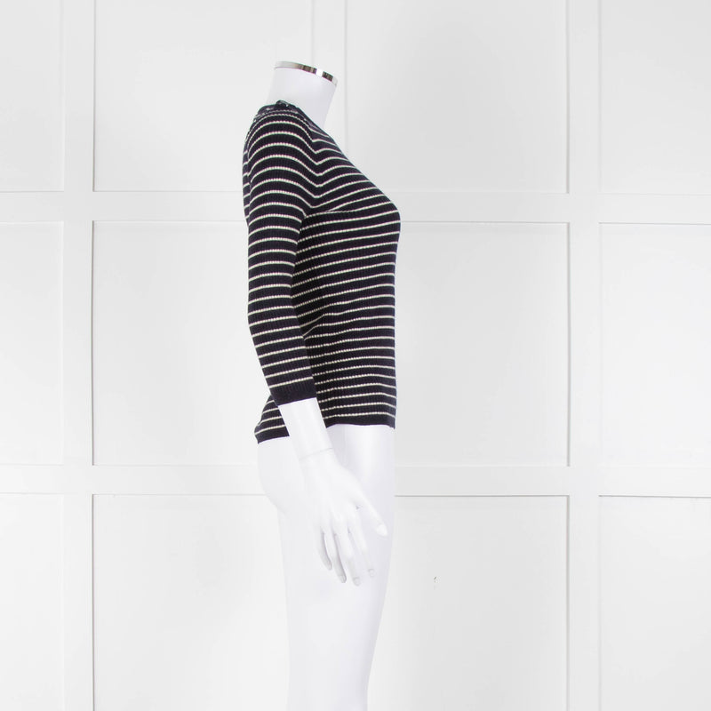 Tory Burch Navy Cream Stripe Wool Button Shoulder Jumper