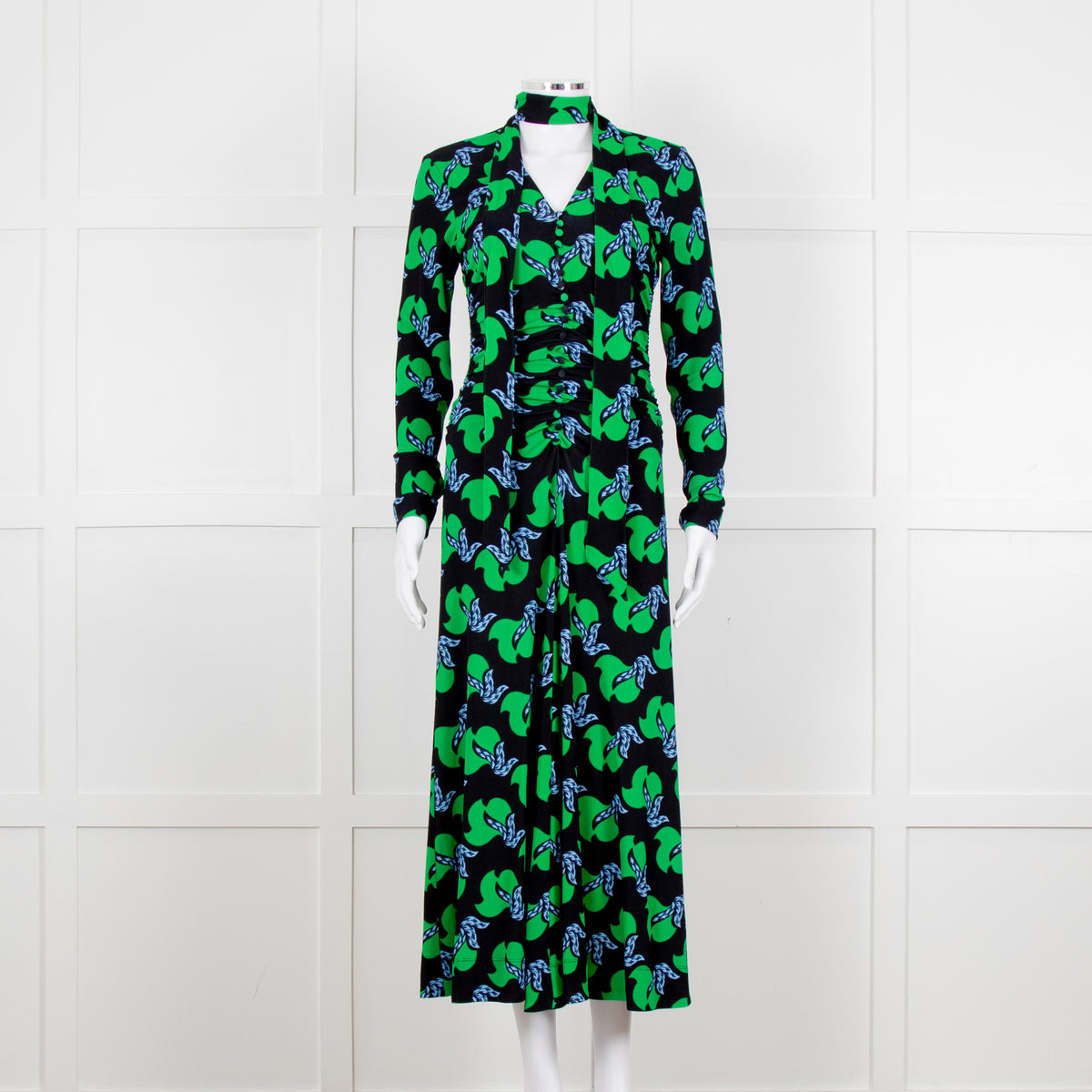 Me + Em Black Green Birds of Paradise Crepe Maxi Dress