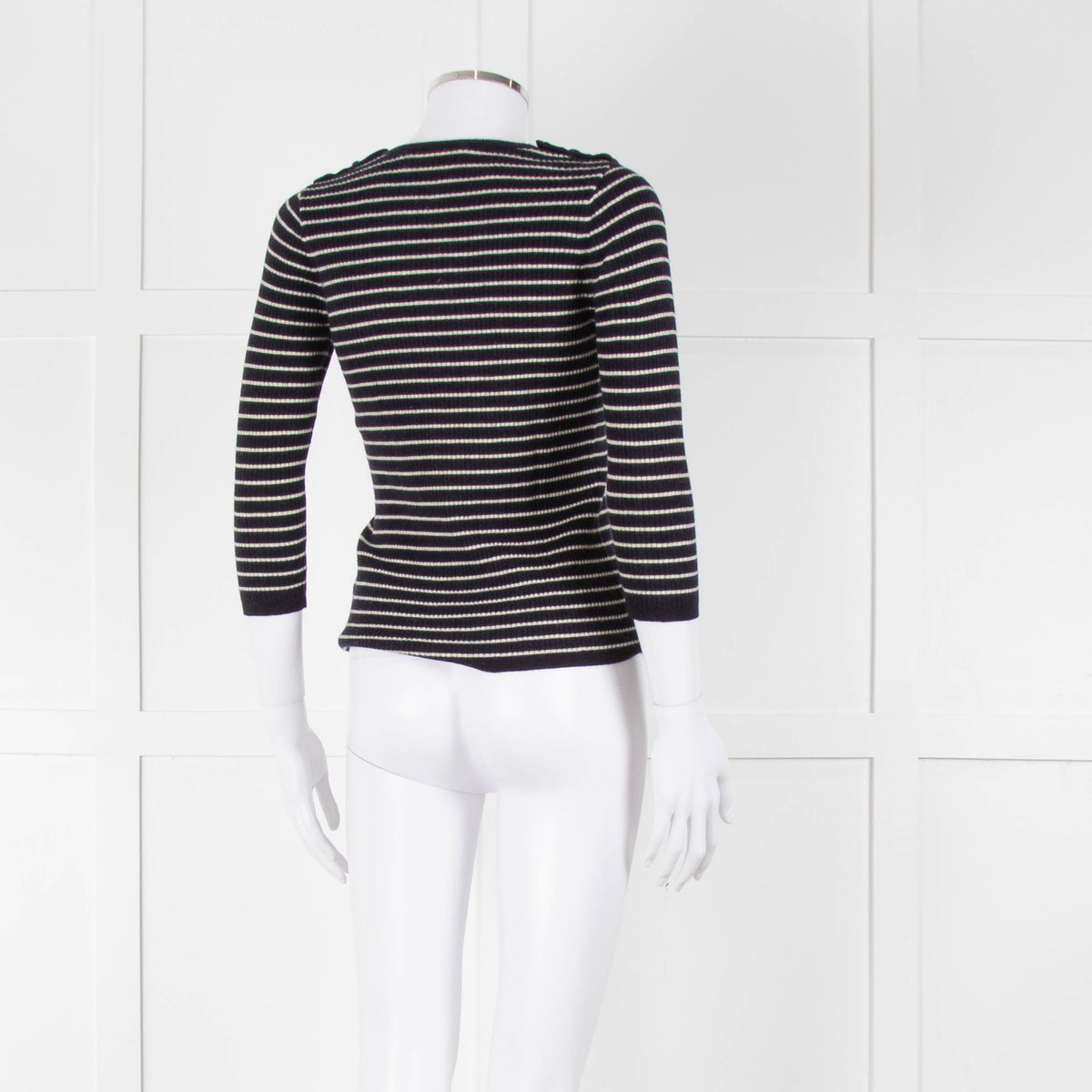Tory Burch Navy Cream Stripe Wool Button Shoulder Jumper