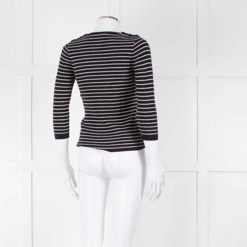 Tory Burch Navy Cream Stripe Wool Button Shoulder Jumper