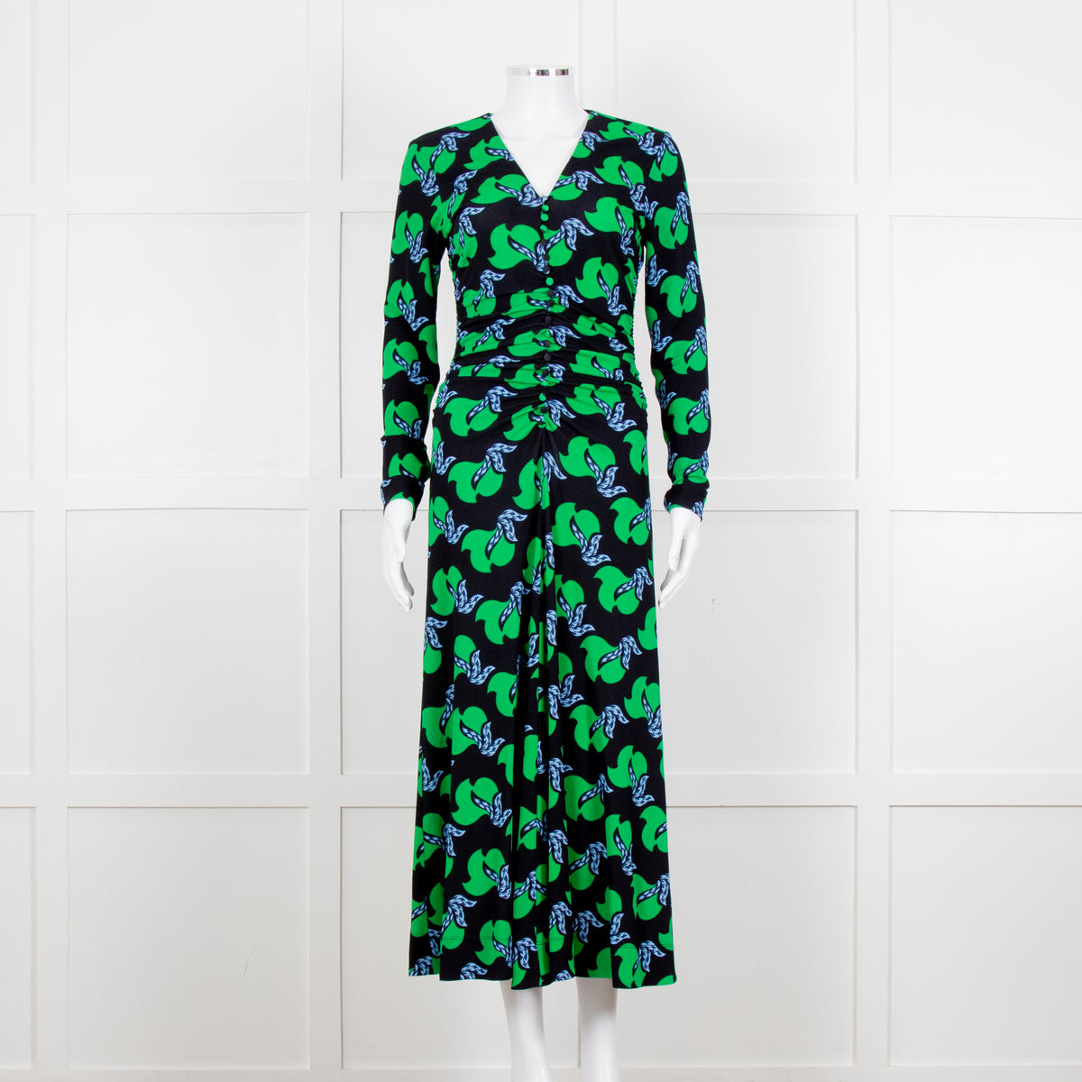 Me + Em Black Green Birds of Paradise Crepe Maxi Dress