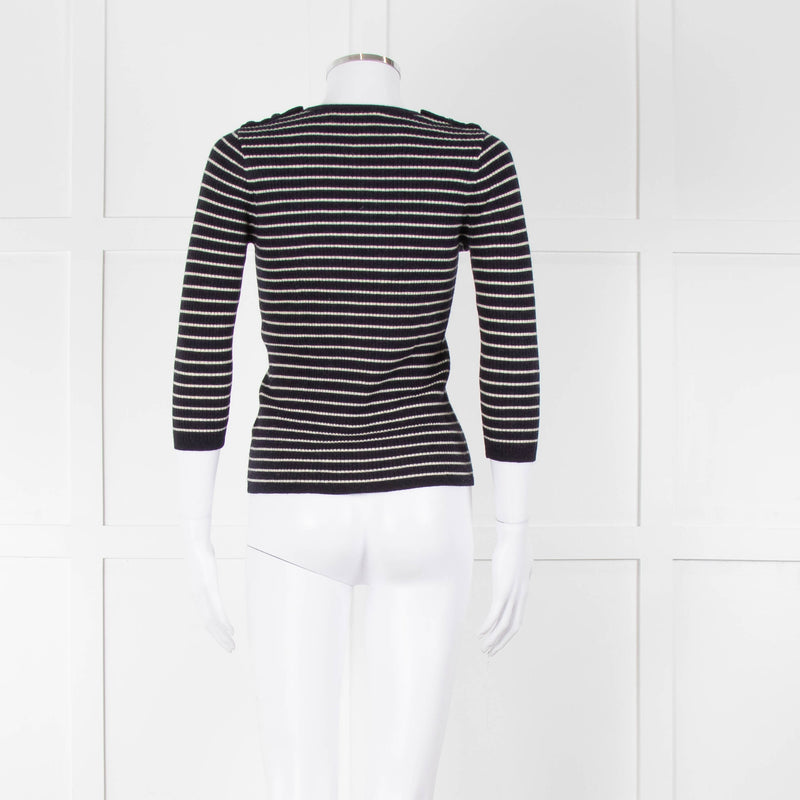 Tory Burch Navy Cream Stripe Wool Button Shoulder Jumper