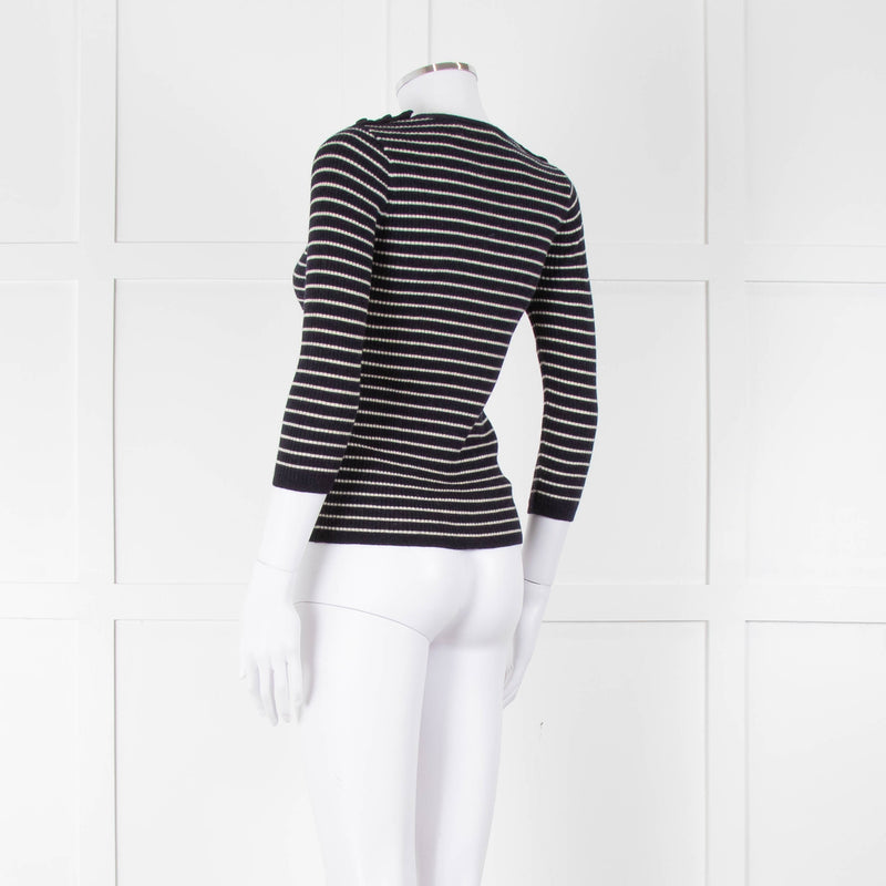 Tory Burch Navy Cream Stripe Wool Button Shoulder Jumper
