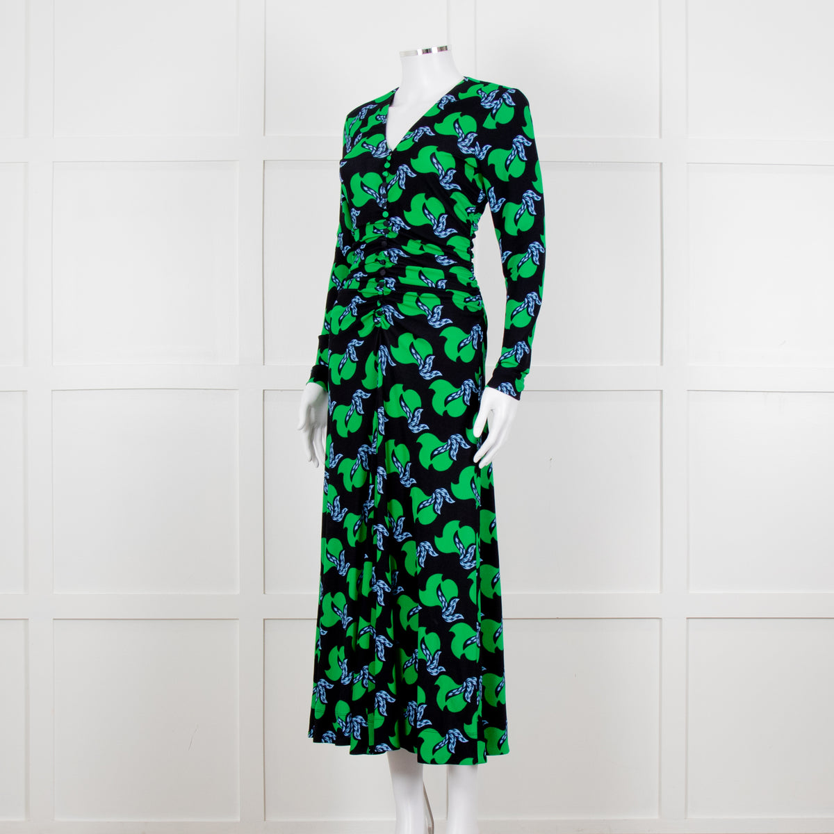 Me + Em Black Green Birds of Paradise Crepe Maxi Dress