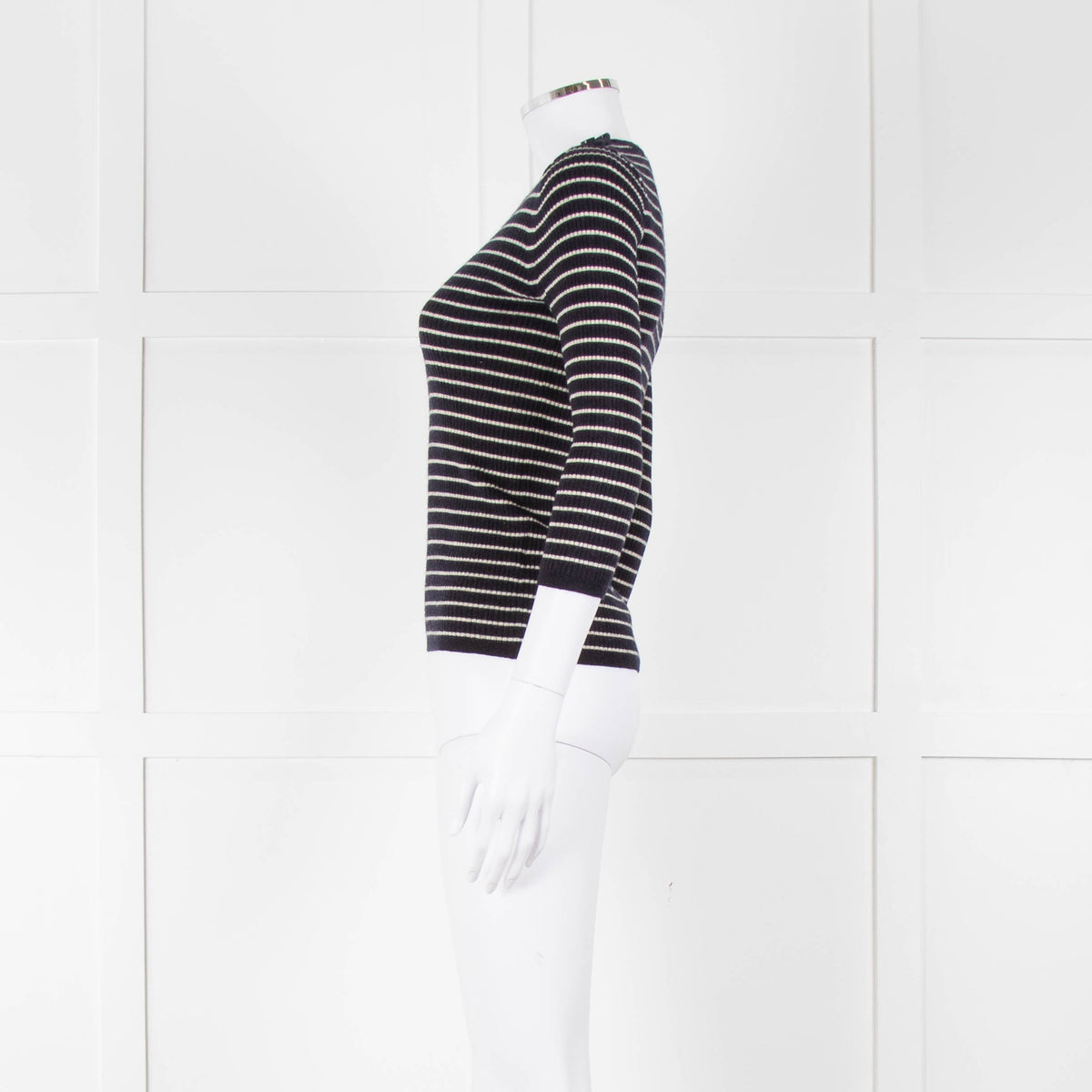 Tory Burch Navy Cream Stripe Wool Button Shoulder Jumper