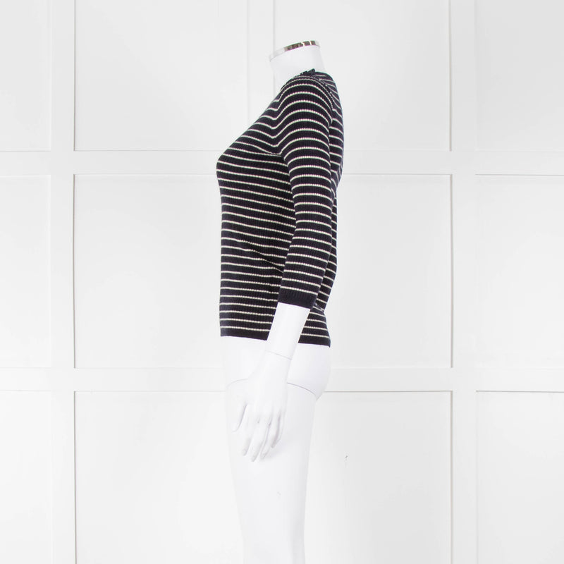 Tory Burch Navy Cream Stripe Wool Button Shoulder Jumper