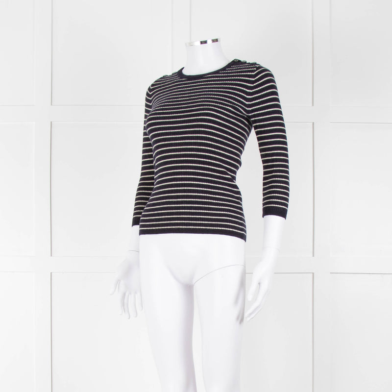 Tory Burch Navy Cream Stripe Wool Button Shoulder Jumper