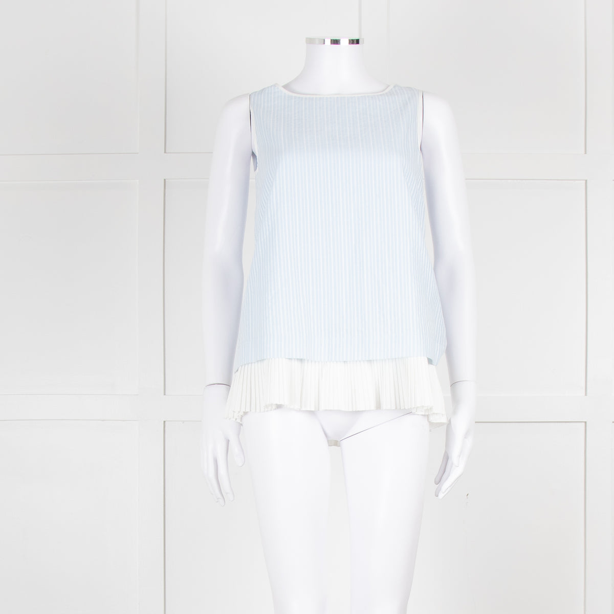Max Mara Pale Blue White Sleeveless Pleated Bottom Top