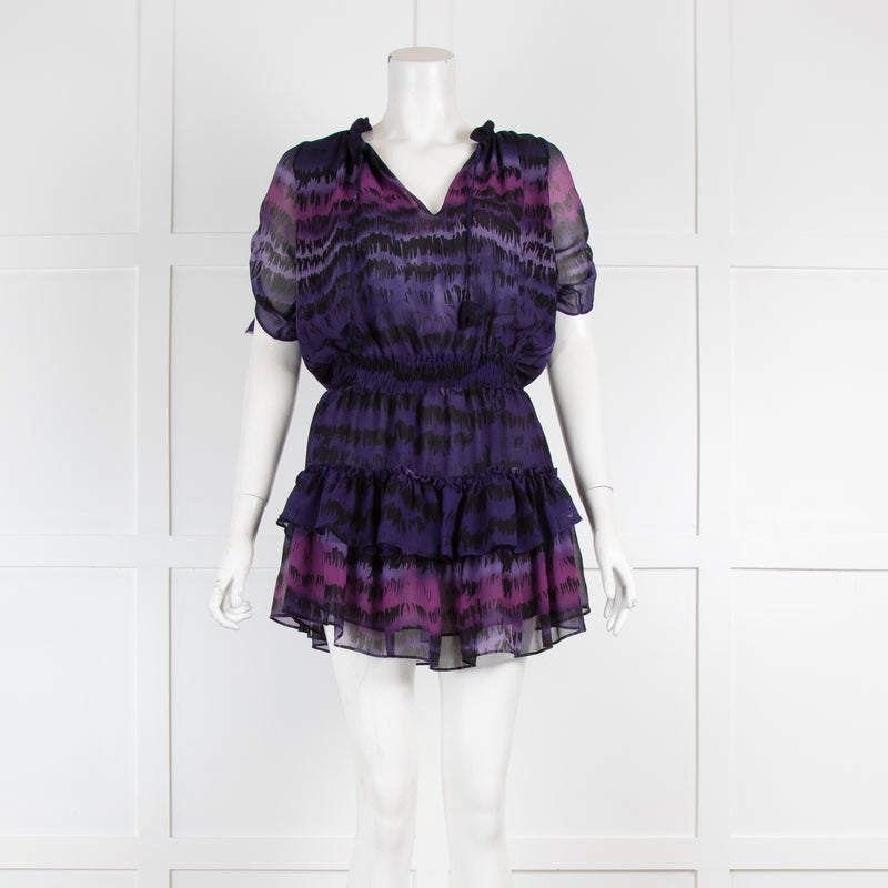 Misa Purple/Mauve Line Print Ruffle Mini Dress
