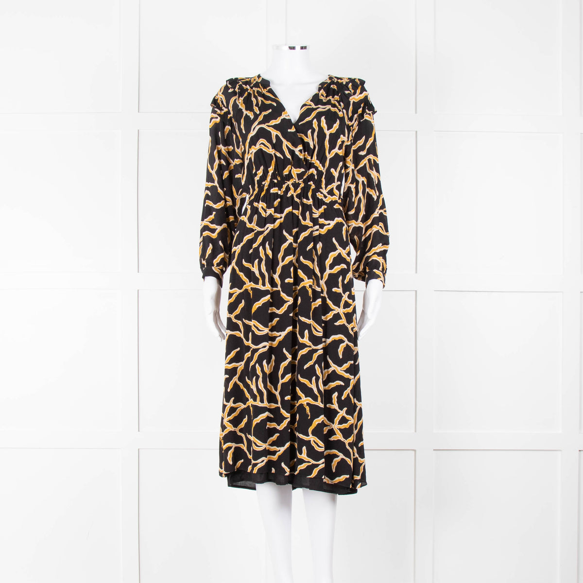 Ba&sh Black Gold Cream Branch Print Sleeved Midi Dress
