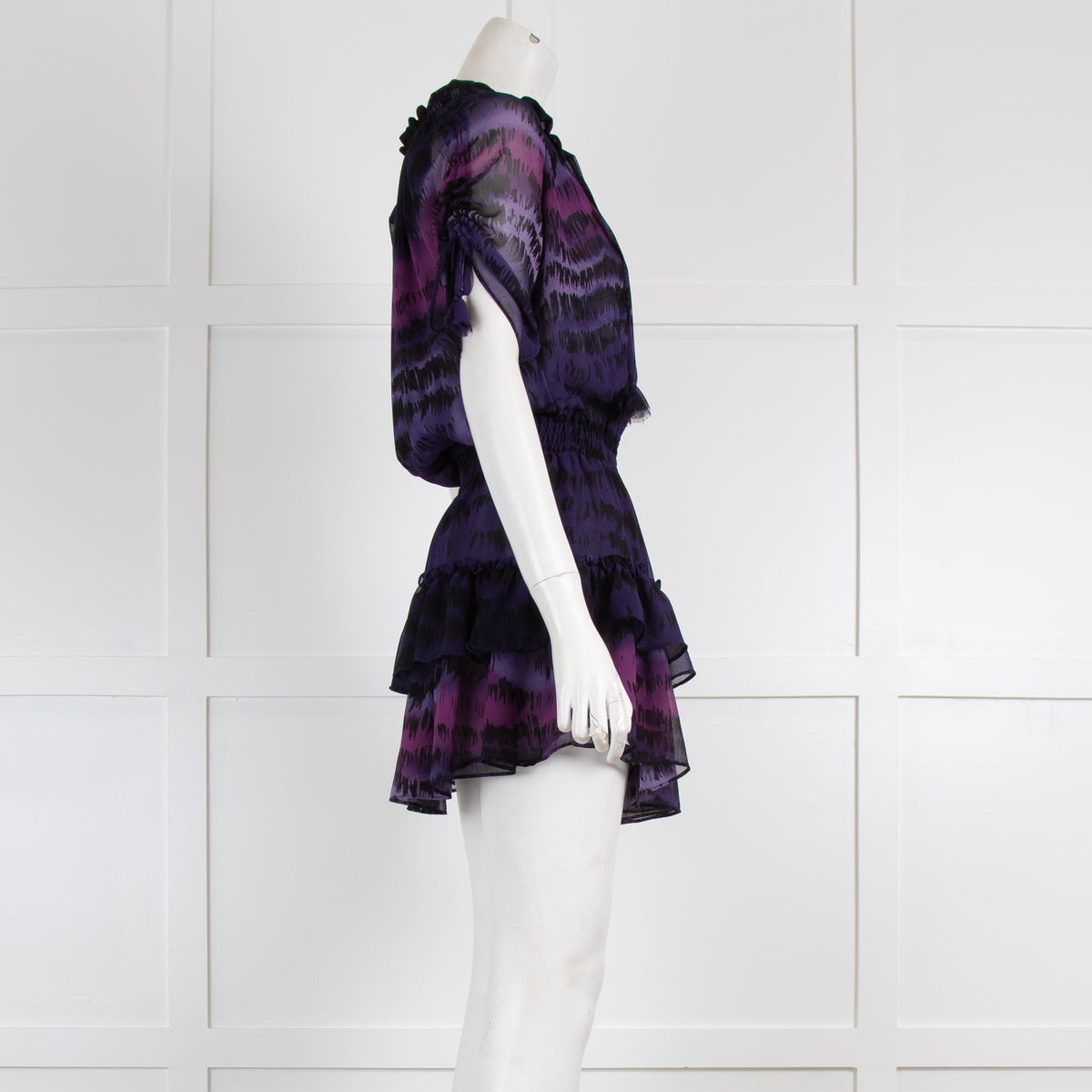 Misa Purple/Mauve Line Print Ruffle Mini Dress